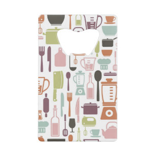 Pattern with colorful cooking icons credit card bottle opener