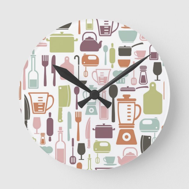 Pattern with colorful cooking icons round clock (Front)