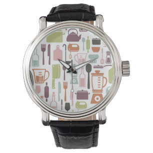 Pattern with colorful cooking icons watch