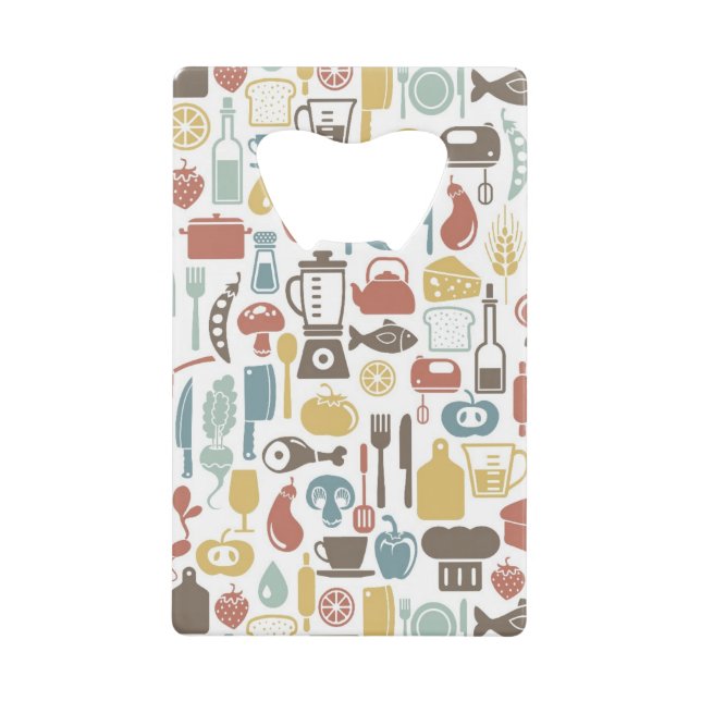 Pattern with cooking icons credit card bottle opener (Front)