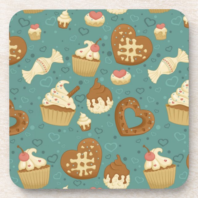 Pattern with cupcakes and candies beverage coaster (Front)