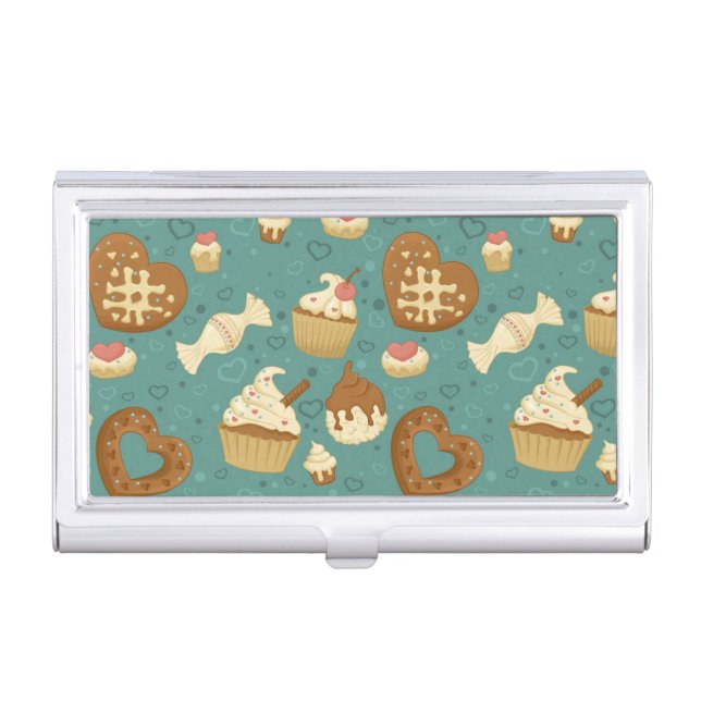Pattern with cupcakes and candies business card holder (Front)