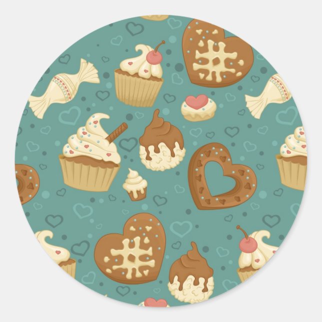 Pattern with cupcakes and candies classic round sticker (Front)