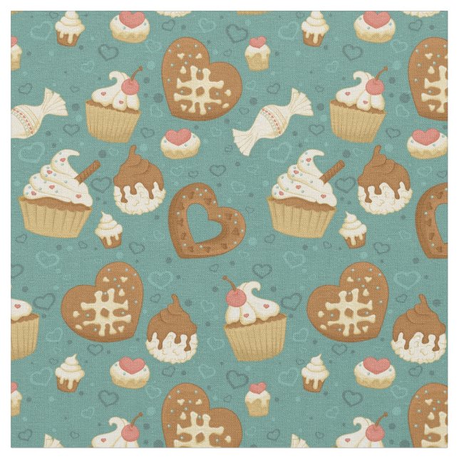 Pattern with cupcakes and candies fabric (Close Up)