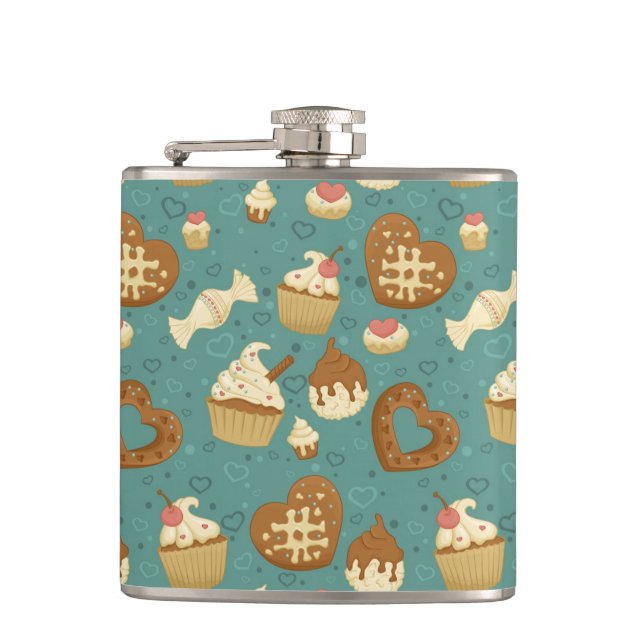 Pattern with cupcakes and candies hip flask (Front)