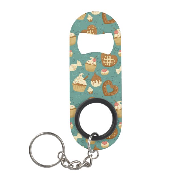 Pattern with cupcakes and candies keychain bottle opener (Front)