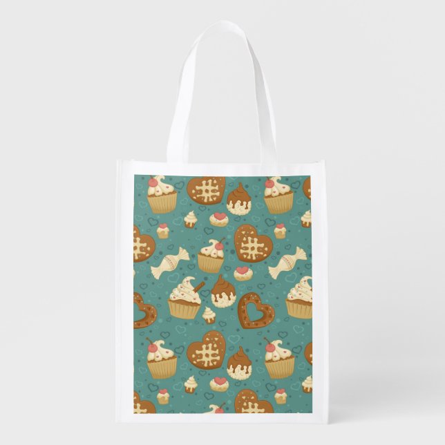 Pattern with cupcakes and candies reusable grocery bag (Front)