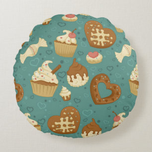 Pattern with cupcakes and candies round pillow