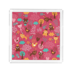 Pattern with cute birds and cats acrylic tray