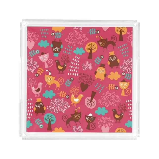 Pattern with cute birds and cats acrylic tray (Front)