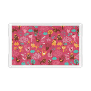 Pattern with cute birds and cats acrylic tray