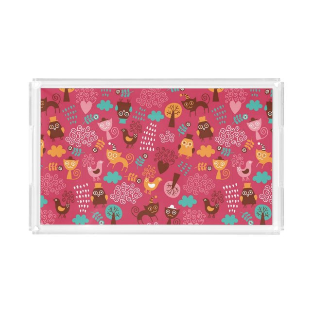 Pattern with cute birds and cats acrylic tray (Front)