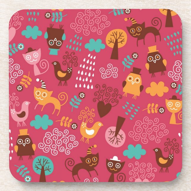 Pattern with cute birds and cats beverage coaster (Front)