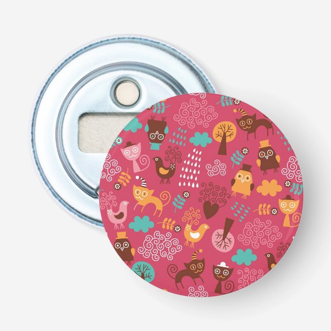 Pattern with cute birds and cats bottle opener (Front)