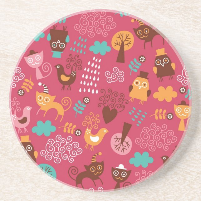 Pattern with cute birds and cats drink coaster (Front)