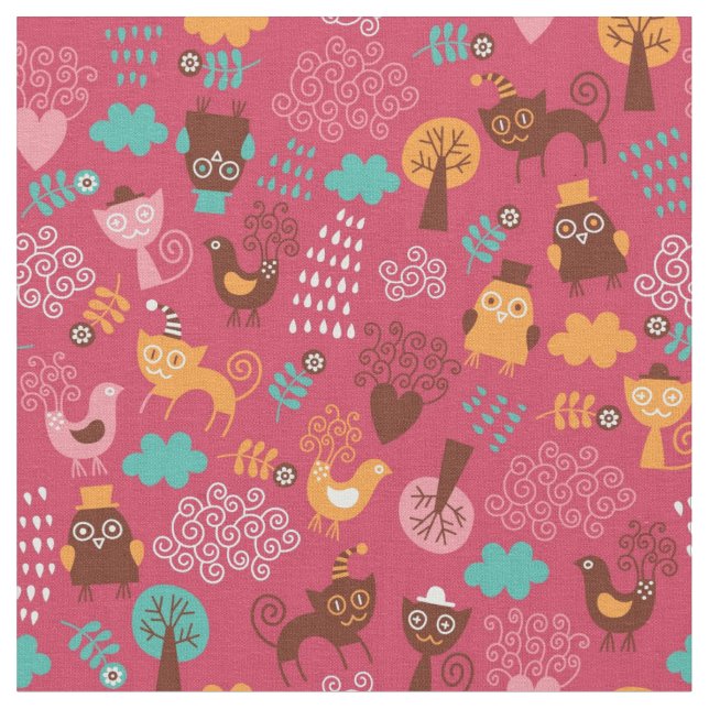 Pattern with cute birds and cats fabric (Close Up)