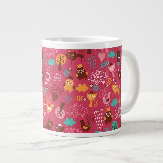 Pattern with cute birds and cats large coffee mug (Front Right)