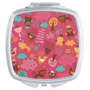 Pattern with cute birds and cats mirror for makeup
