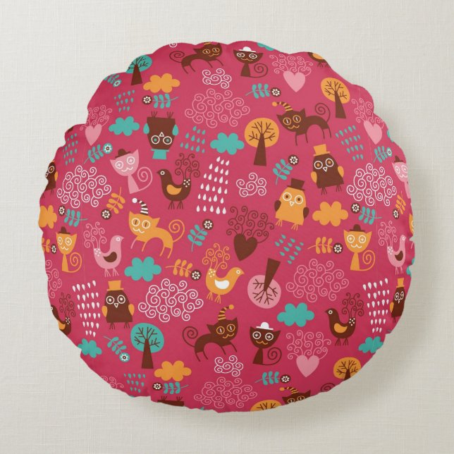 Pattern with cute birds and cats round pillow (Front)