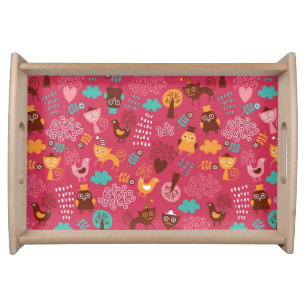 Pattern with cute birds and cats serving tray
