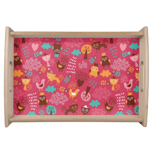 Pattern with cute birds and cats serving tray (Front)