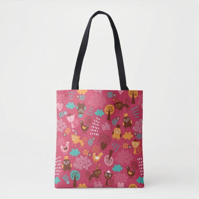 Pattern with cute birds and cats tote bag (Front)