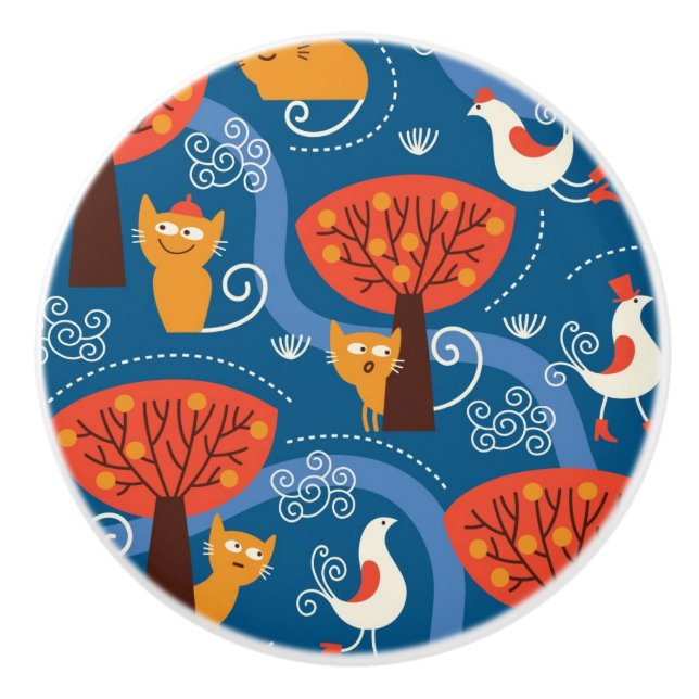 pattern with cute cats and birds ceramic knob (Front)