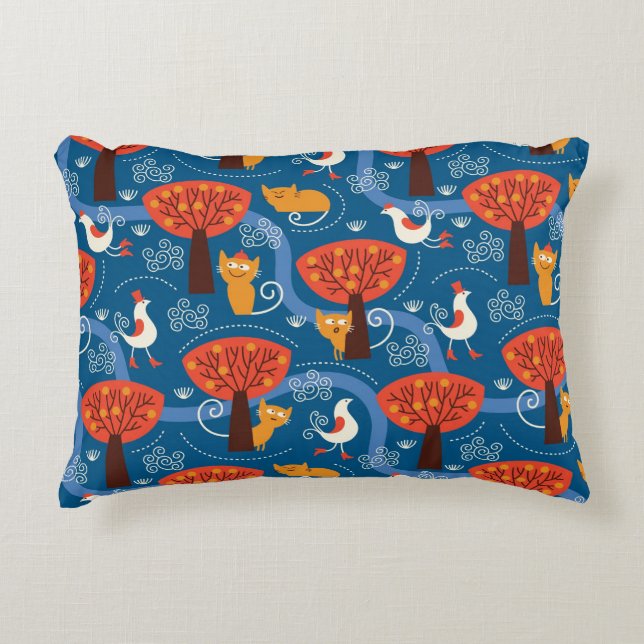 pattern with cute cats and birds decorative pillow (Front)