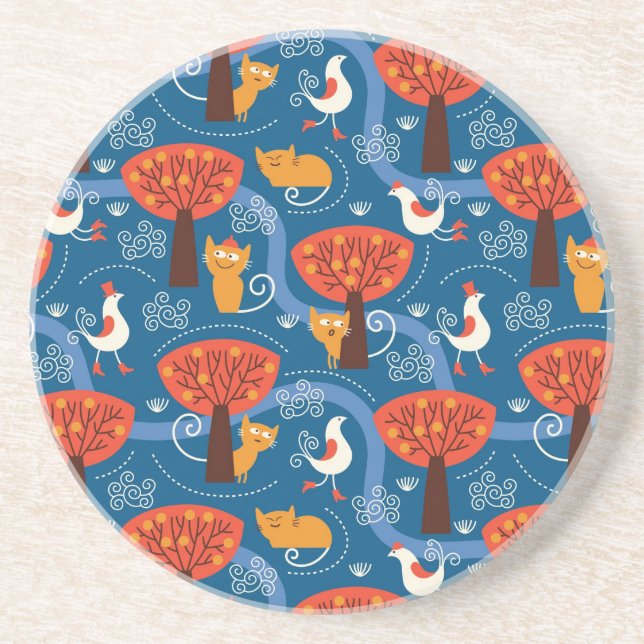 pattern with cute cats and birds drink coaster (Front)