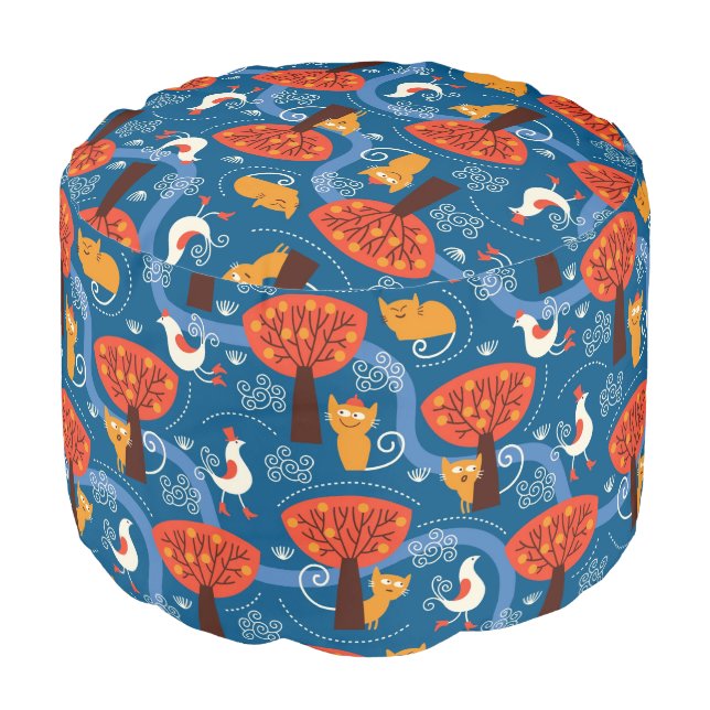 pattern with cute cats and birds pouf (Angled Front)