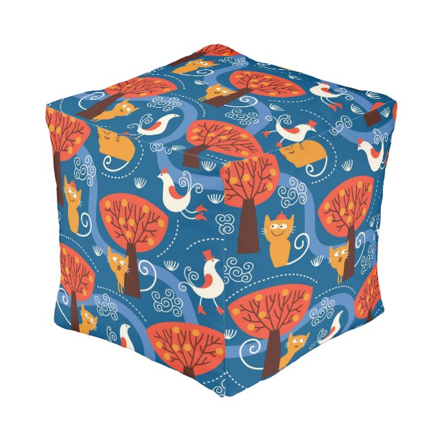 pattern with cute cats and birds pouf (Angled Front)