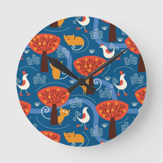 pattern with cute cats and birds round clock (Front)