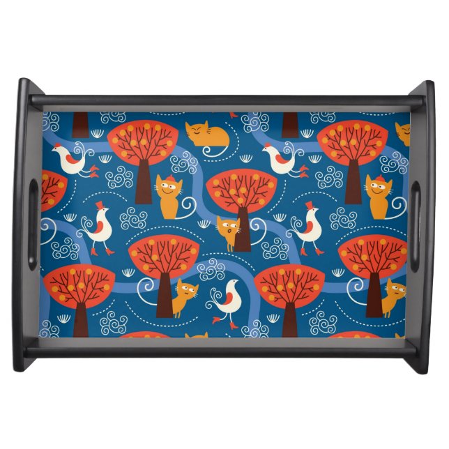 pattern with cute cats and birds serving tray (Front)