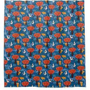 pattern with cute cats and birds shower curtain