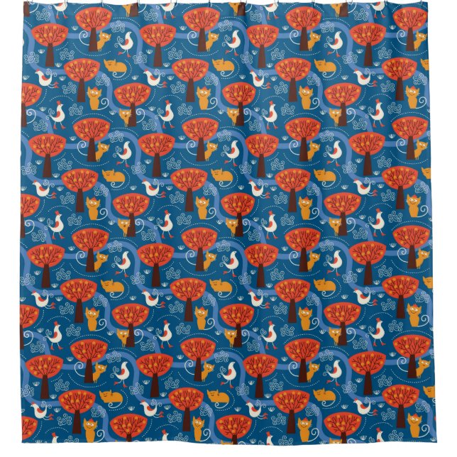 pattern with cute cats and birds shower curtain (Front)