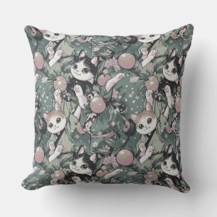 Pattern with cute dancing kawaii cats in kimonos, Outdoor Pillow