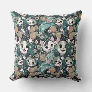 Pattern with cute dancing kawaii cats in kimonos, Outdoor Pillow