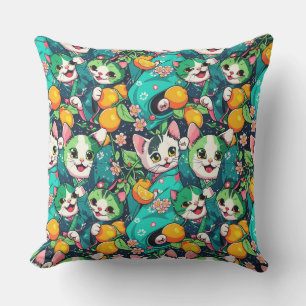  Pattern with cute dancing kawaii cats in kimonos, Outdoor Pillow