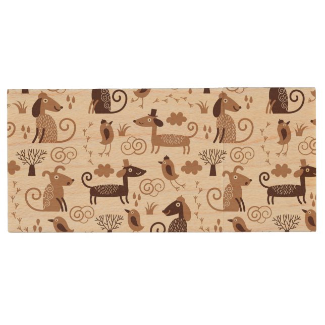 pattern with cute dogs wood USB flash drive (Front)