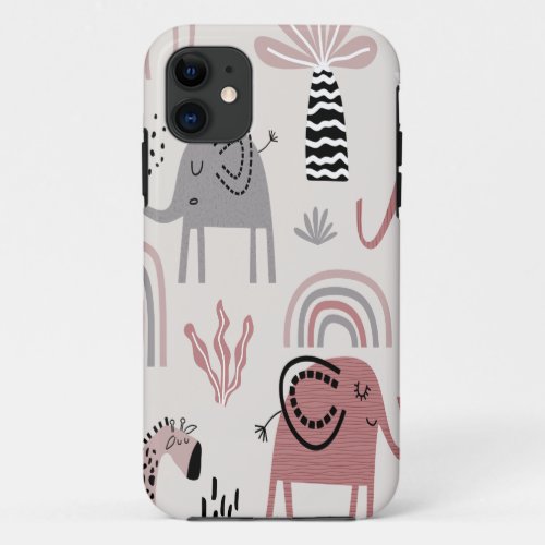pattern with cute elephants and giraffes giant  iPhone 11 case