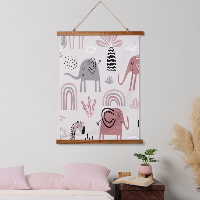 pattern with cute elephants and giraffes giant  hanging tapestry (Bedroom)