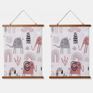 pattern with cute elephants and giraffes giant hanging tapestry