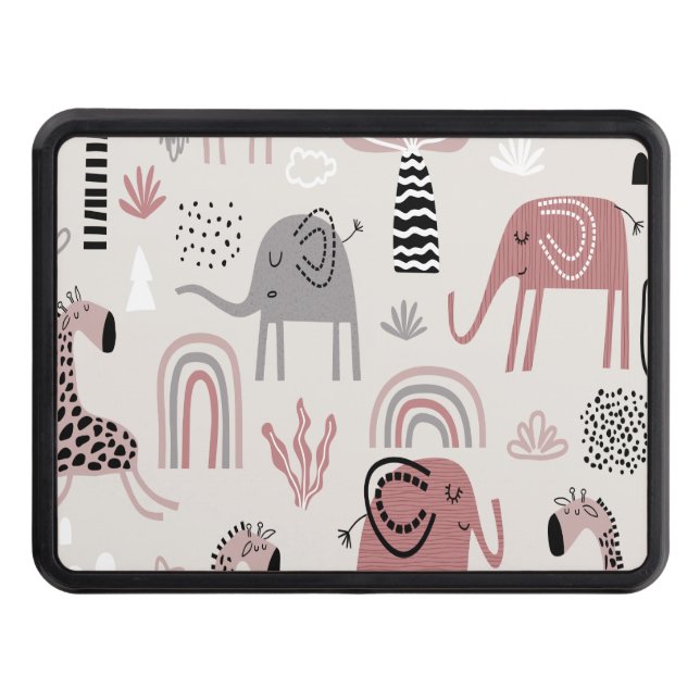 pattern with cute elephants and giraffes giant  hitch cover (Front)