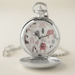 pattern with cute elephants and giraffes giant pocket watch