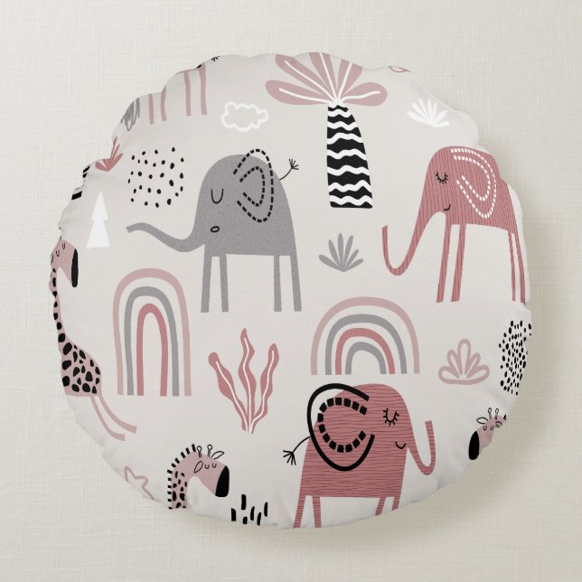 pattern with cute elephants and giraffes giant  round pillow (Front)