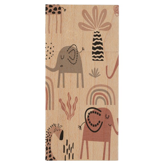 pattern with cute elephants and giraffes giant  wood flash drive (Back (Vertical))