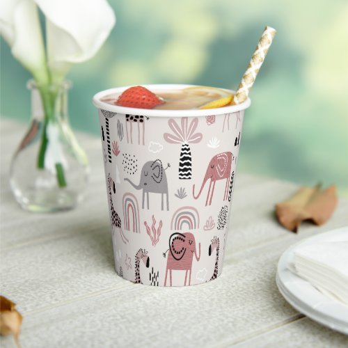 pattern with cute elephants and giraffes paper cups