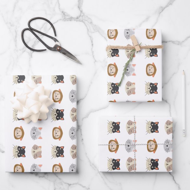 Pattern with cute heads of cats wrapping paper sheets (Front)