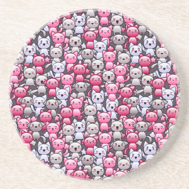 pattern with cute kawaii doodle cats 2 drink coaster (Front)