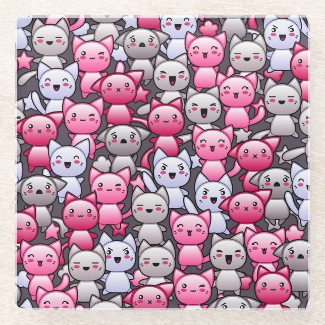 pattern with cute kawaii doodle cats 2 glass coaster (Front)
